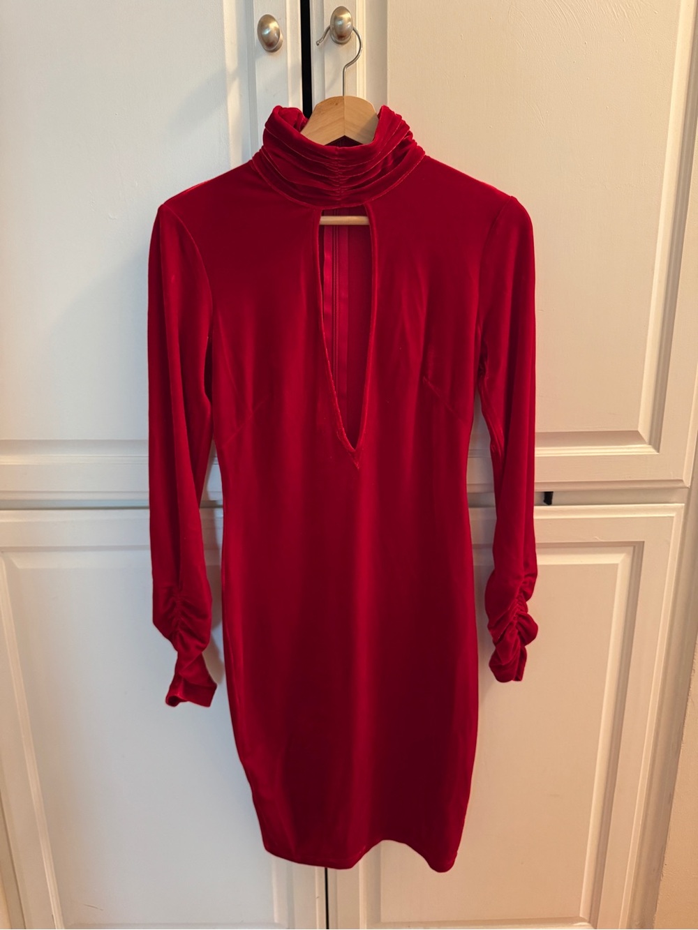 Red Velvet Long-Sleeve High Neck Dress with Front Keyhole